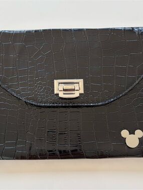 Disney Black Croc-Embossed Wristlet Clutch with Silver Mickey Accent